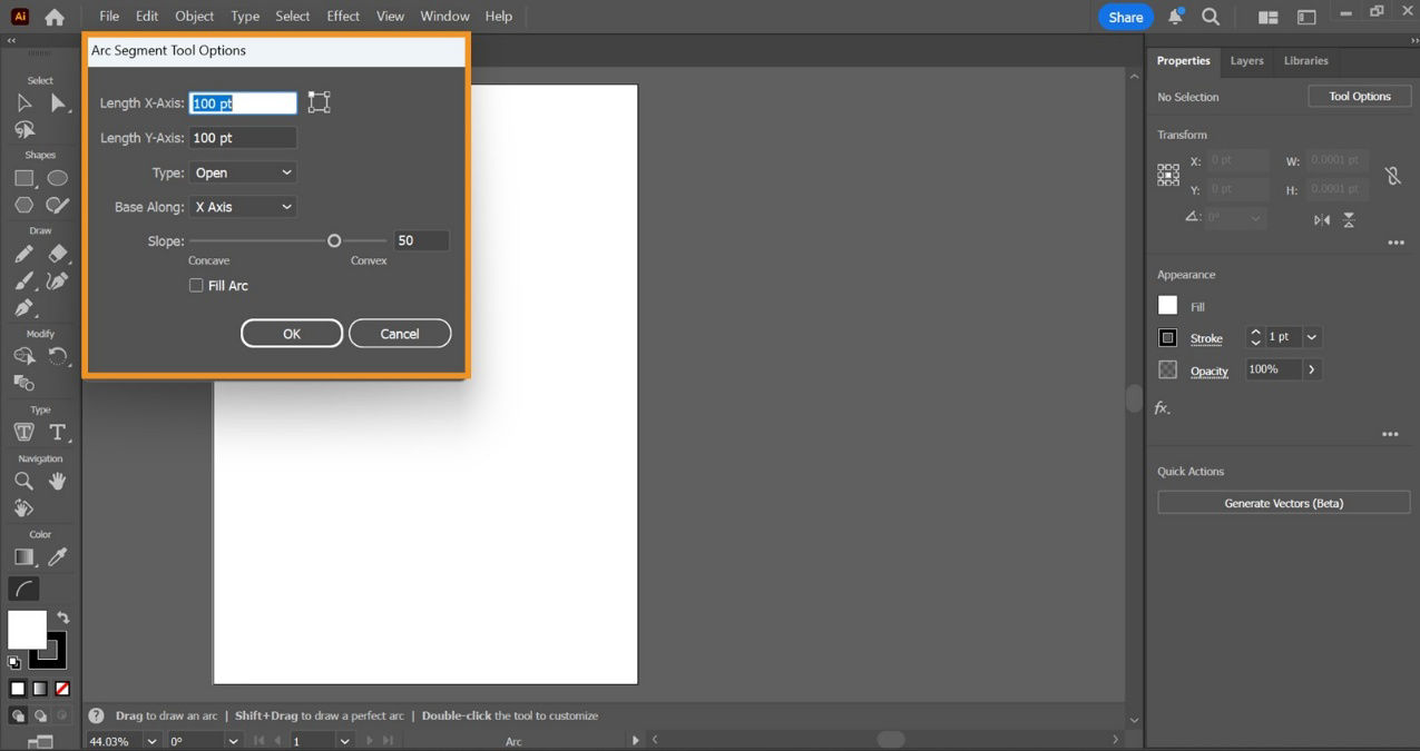 The Arc Segment Tool Options dialog box is displayed along the artboard showcasing different settings such as Length X-Axis, Type, Slope, and more.