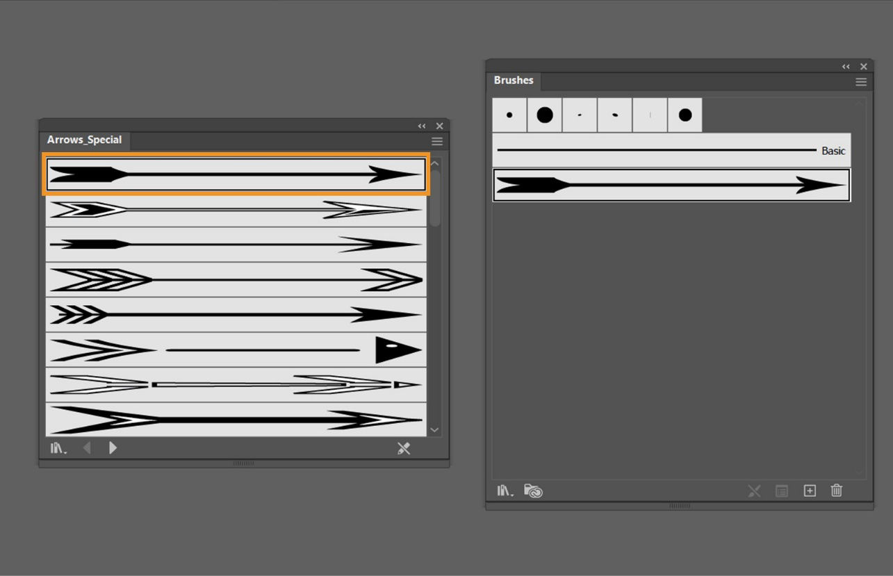 The Arrows_Special brush library displays a highlighted brush for the user to select and add to the Brushes panel.
