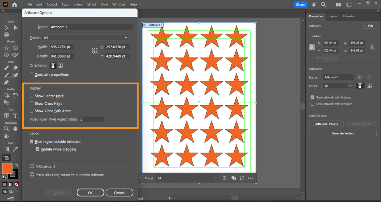 The Artboard Options dialog box displays the selected Display settings such as Show Center Mark, Show Cross Hairs, and Show Video Safe Areas.
