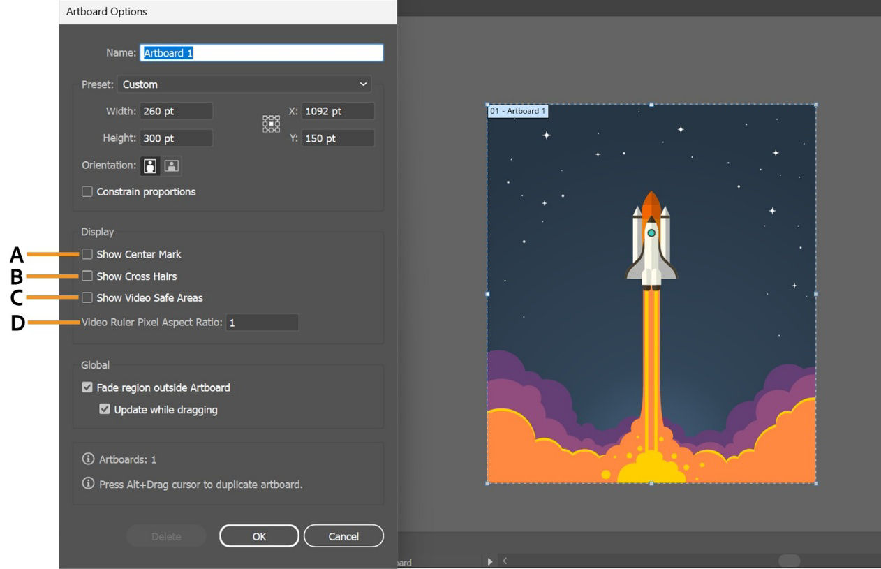 The Artboard Options dialog box is displayed on the screen showcasing different video display options like Show Center Mark, Show Cross Hairs, and more.