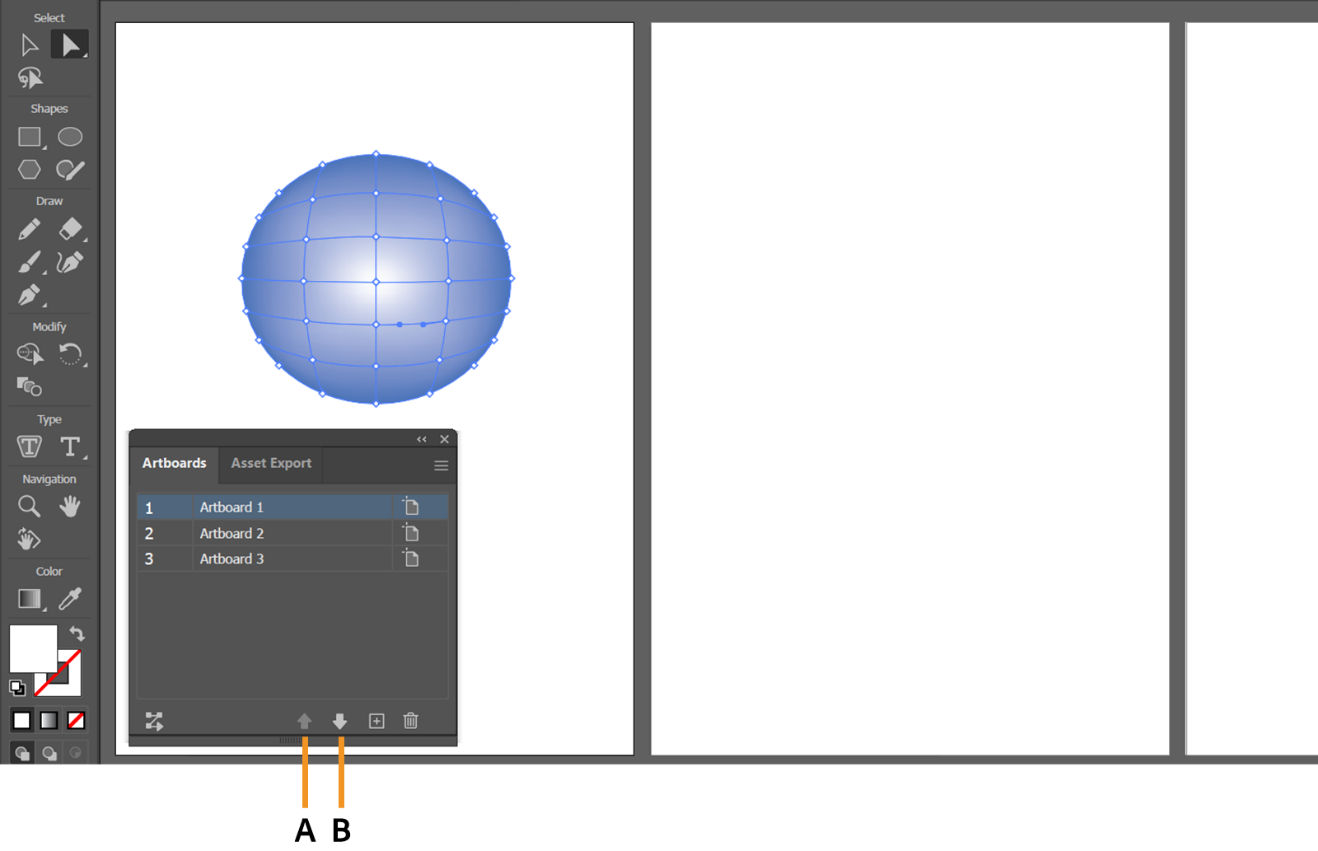 The Artboards panel is displayed on the screen with callouts for Move Up and Move Down buttons.