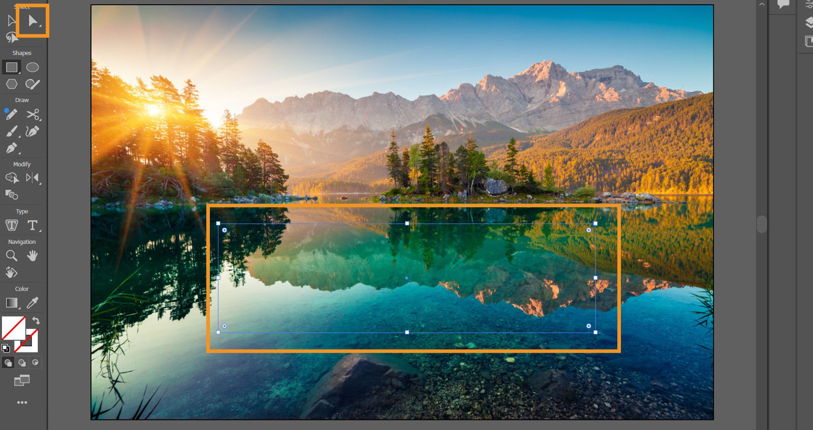 The Artwork in Adobe Illustrator shows a landscape image with a selected rectangular vector shape. The shape has visible anchor points and is placed over the image, ready to be used as a clipping path. The Direct Selection tool is active in the toolbar.