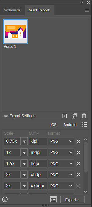 The Asset Export panel shows one collected asset and multiple PNG scale settings, including suffixes and an Export button.