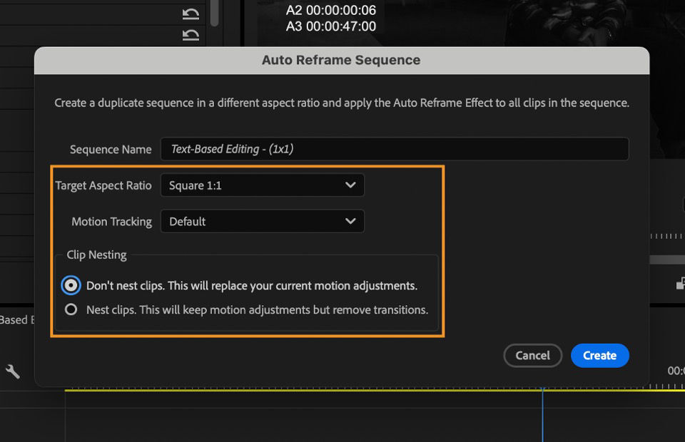 The Auto Reframe Sequence dialog box where you can select the Target Aspect ratio and set other options to reframe your sequence.