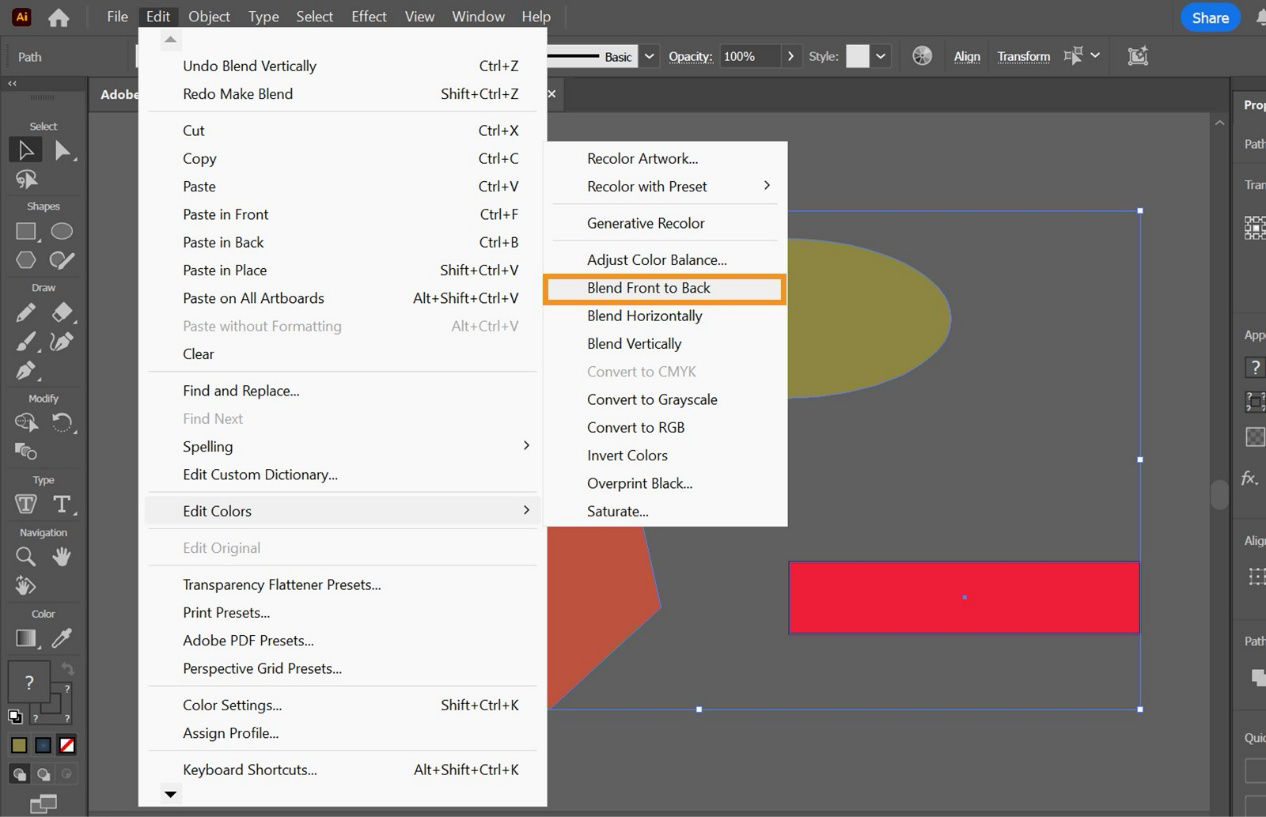 The Blend Front to Back option is highlighted under Edit Colors in the Edit menu.
