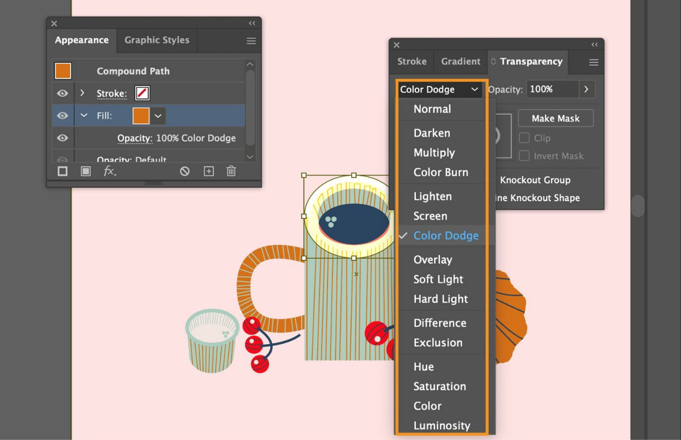 The Blending Mode drop-down menu in Transparency panel is open, highlighting the Color Dodge mode along with various other blending options such as Normal, Darken, Multiply, Color Burn, etc.