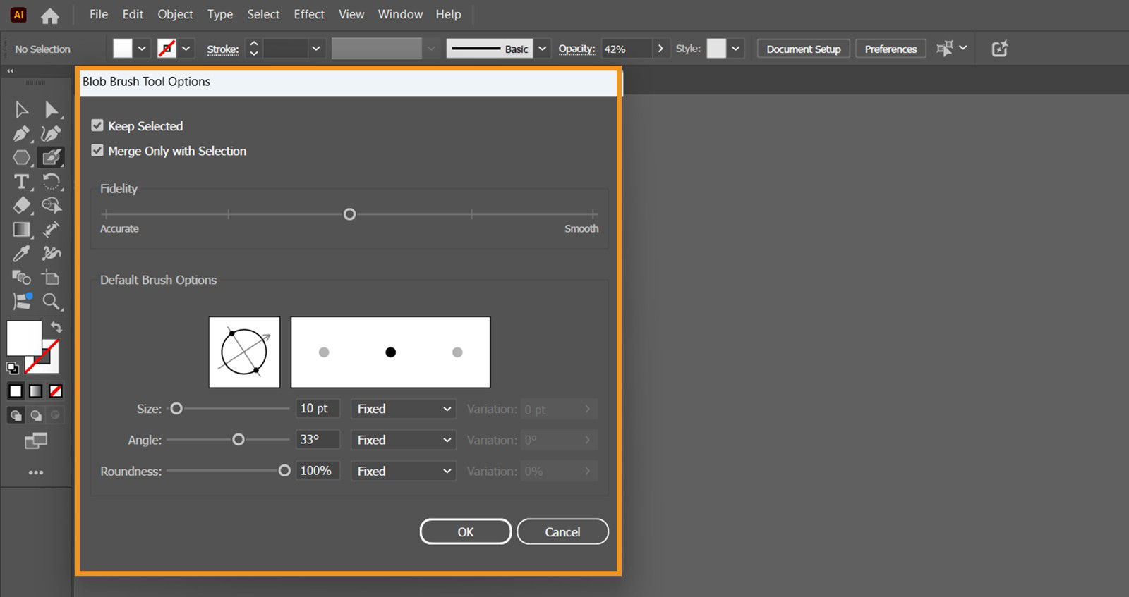 The Blob Brush Tool Options dialog box displays various options like Fidelity, Default Brush Options, and more.
