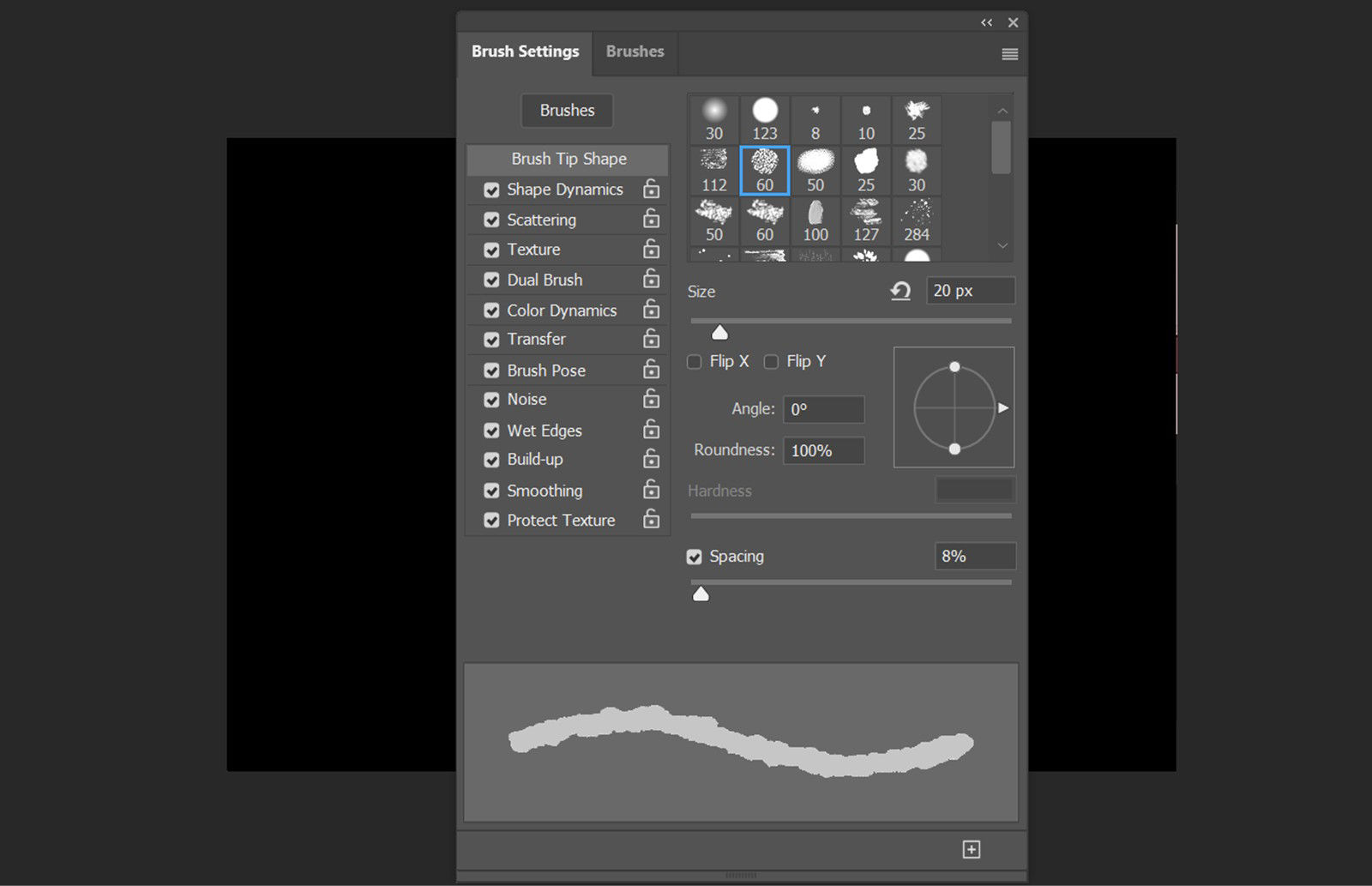 Brush Settings panel showing brush controls and a live stroke preview at the bottom.