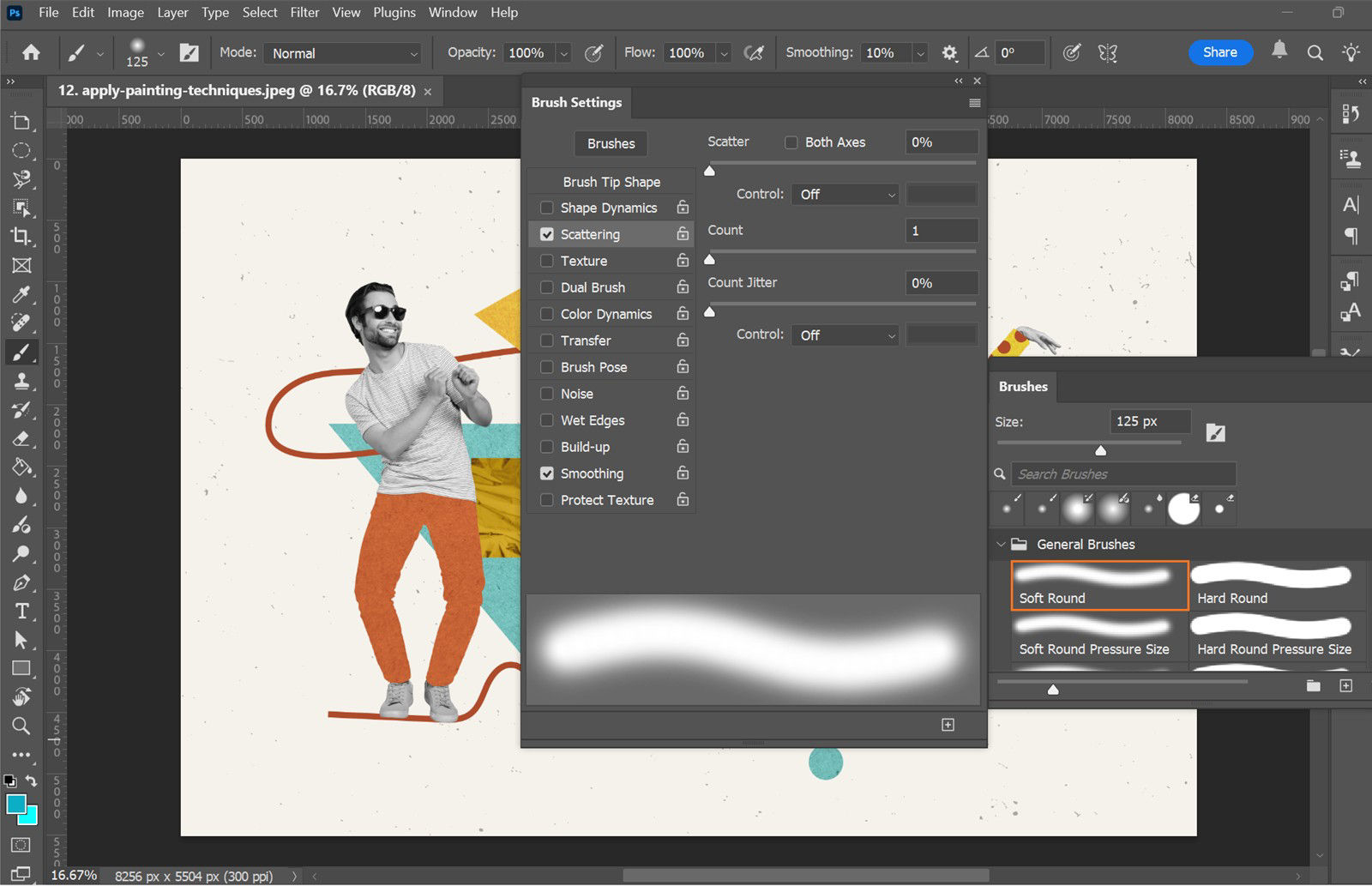 The Brush Settings panel in Photoshop, with setting groups and options visible for brush customization.