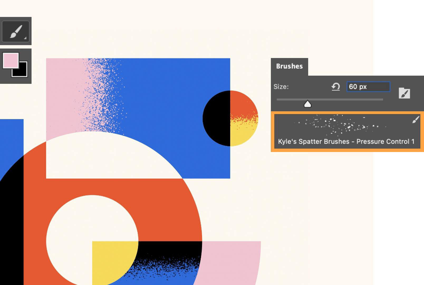 The Brush tool is set to light pink. The Brushes panel shows a spatter brush and a pink texture accents a blue rectangle.