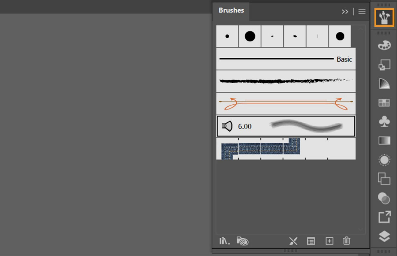 The Brushes panel is highlighted in the panel dock, showing different brush options available for modifying strokes in Illustrator.