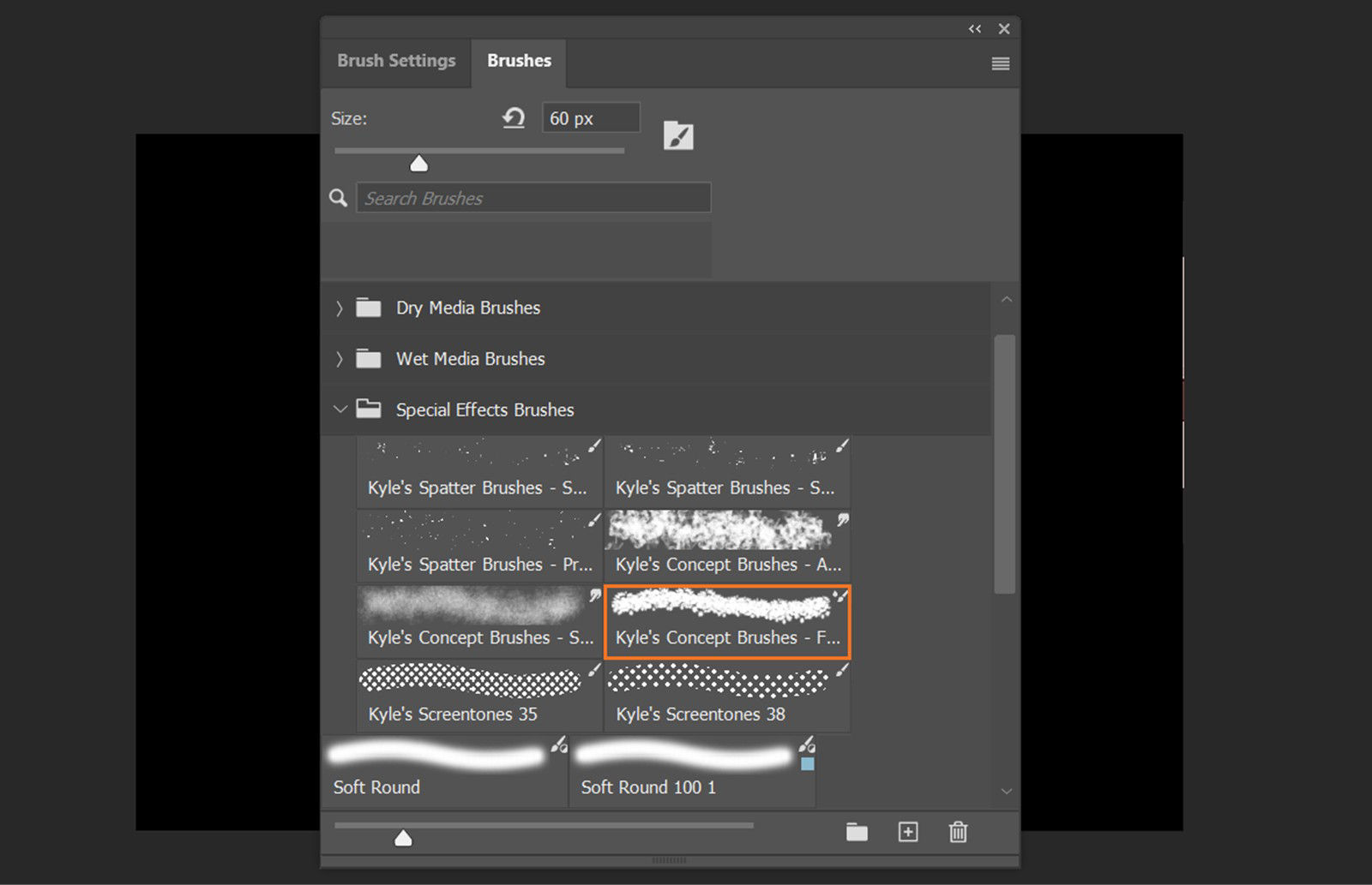 The Brushes panel shows available brush presets with one brush selected.