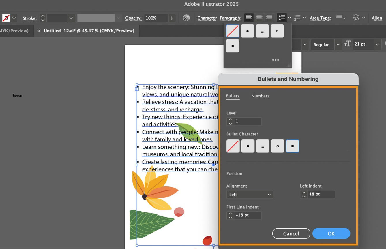 The Bullets tab in Bullets and Numbering dialog box displays various options for customize bulleted or numbered lists such as Level, Bullet Character, and Position.