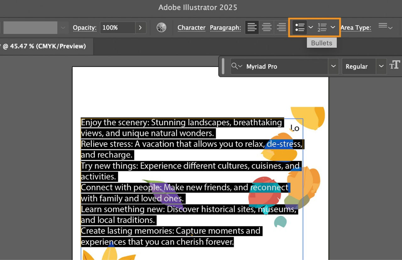 The Canvas shows a group of paragraphs selected and the Bullets and the Numbered List options highlighted.