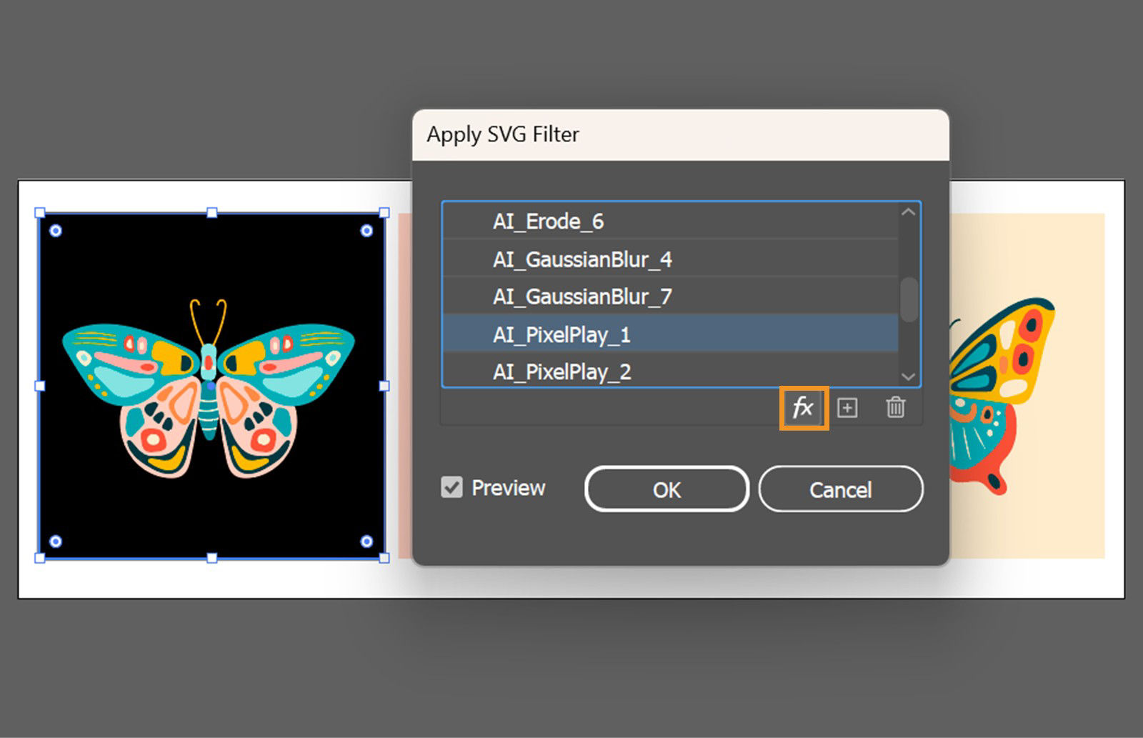 The Canvas shows selected artwork with the Apply SVG Filter dialog box open, an SVG filter selected from the list, and the Edit SVG Filter option highlighted.