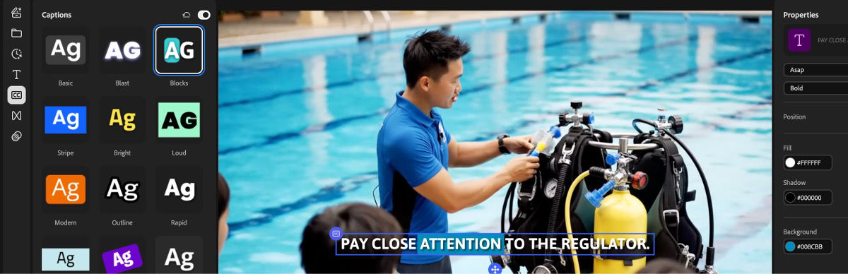 The Captions panel displays caption styles, and the Apply “Bright” style button is highlighted.
