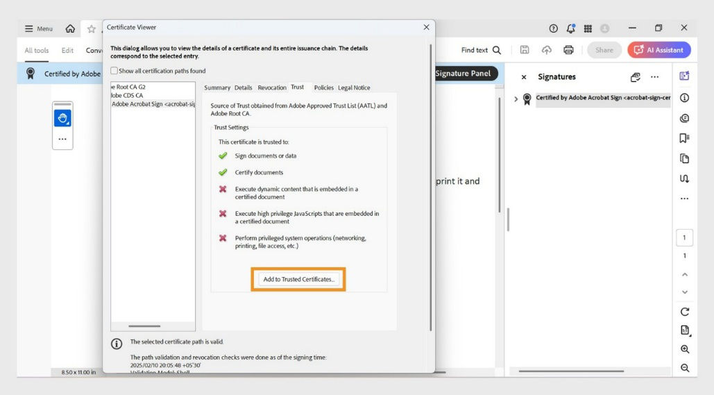The Certificate Viewer dialogue box shows Add to Trusted Certificates option.