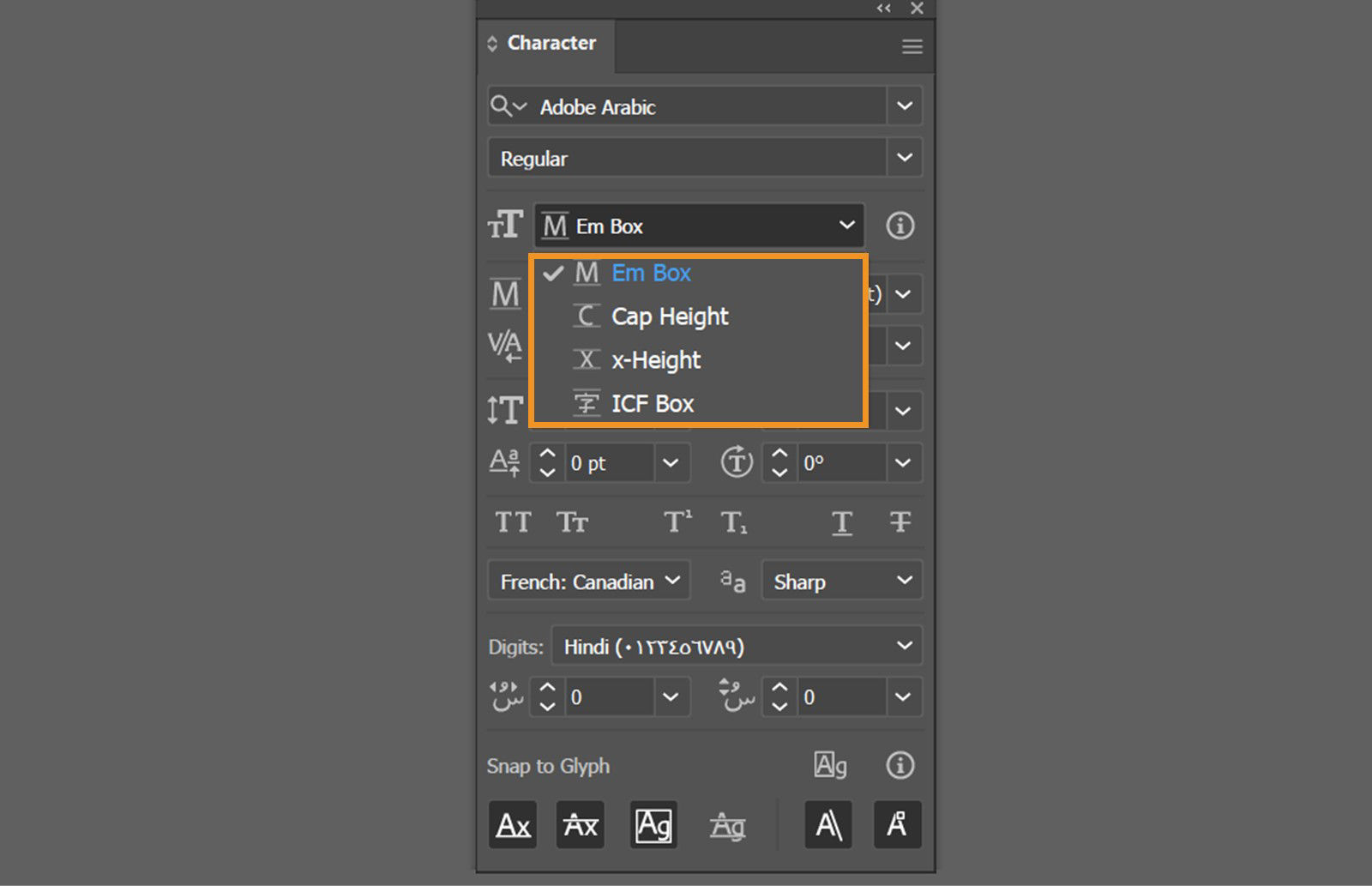 The Character panel is displayed on the screen highlighting the font height reference options such as Em Box, Cap Height, x-Height, and ICF Box.