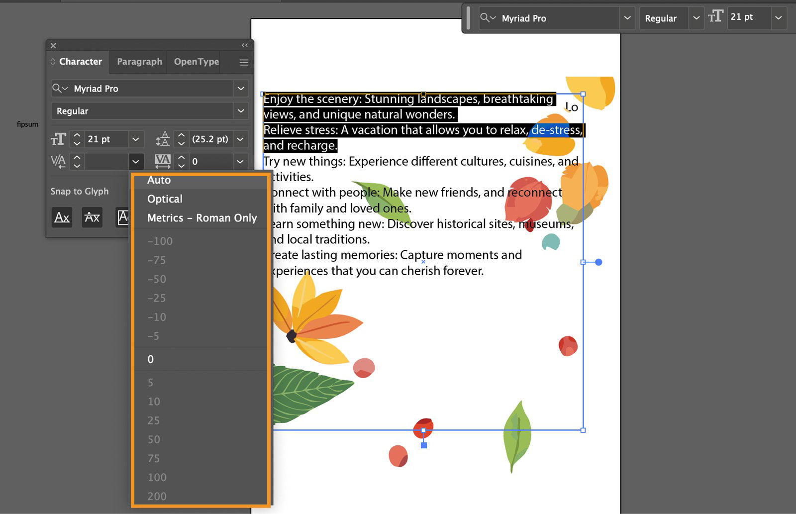 The Character panel is displayed on the screen highlighting the options to adjust the Font family, Font style, Font size, and more.
