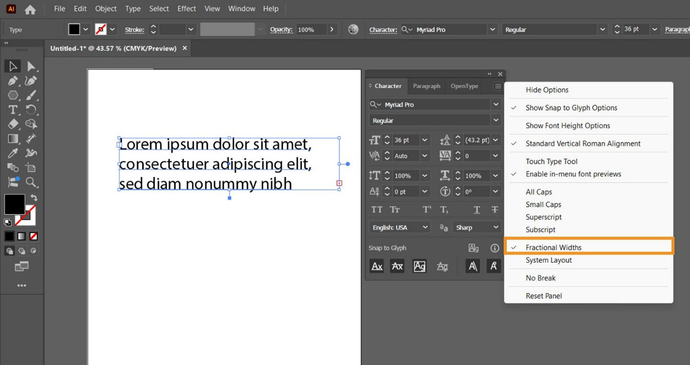 The Character panel is displayed on the screen showcasing the More options menu options such as Fractional Widths, System Layout, and more.