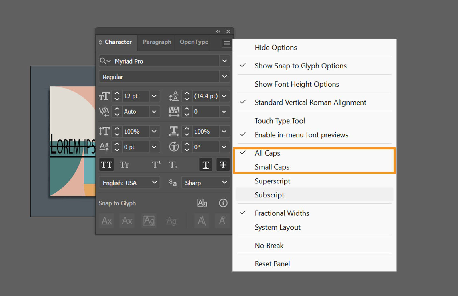 The Character panel menu is displayed on the screen showcasing various settings like All Caps, Small Caps, and others.