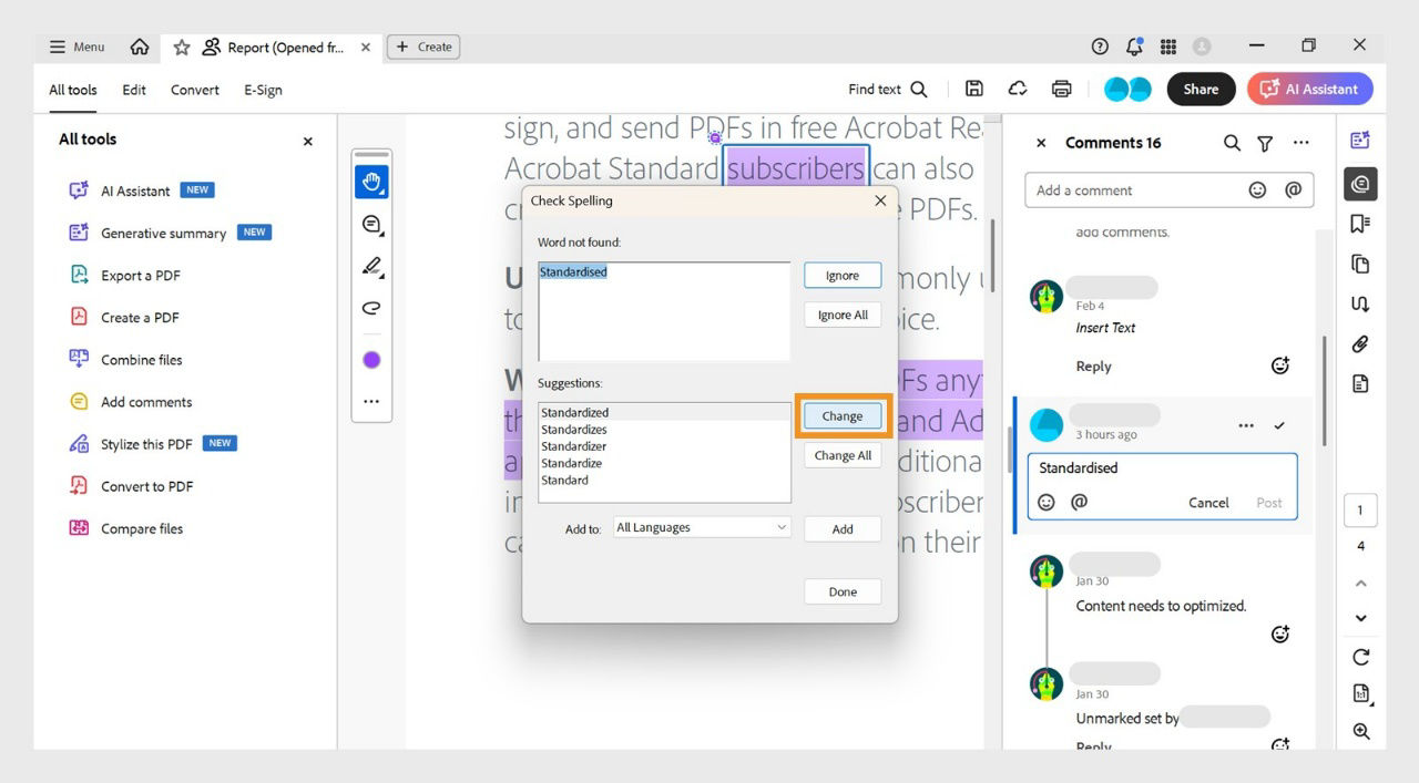 The Check Spelling dialog box displays the selected incorrect word and shows spelling suggestions in the Suggestions box, along with options for Ignore, Ignore All, Change, Change All, and Add.