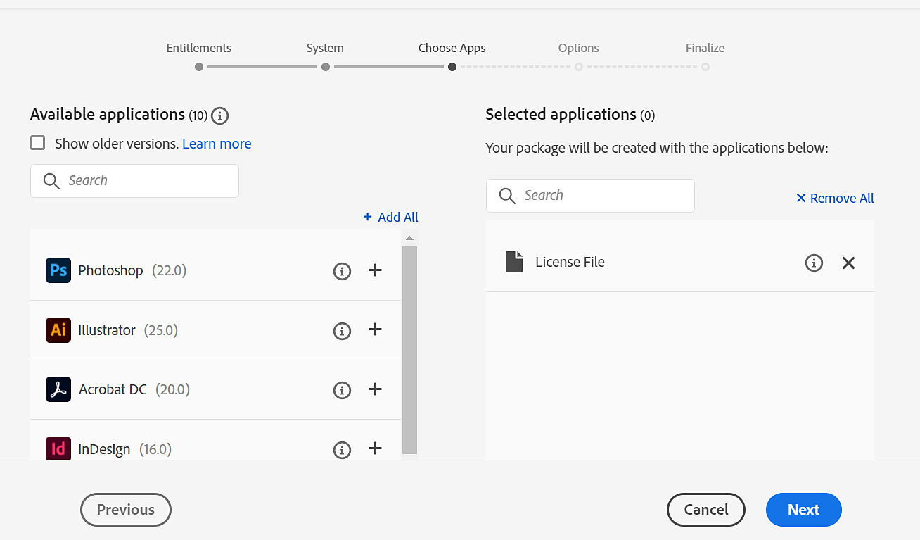 The Choose Apps screen displays the options to select the apps that will be added to the package.