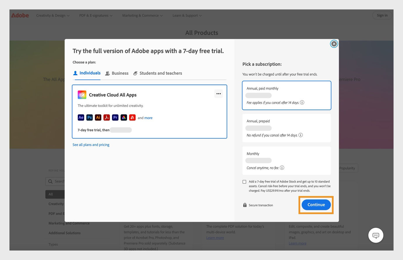 The Choose a plan window shows the available plans, and options to view all plans and pricing, select a subscription, and add a 7-day free trial for Adobe Stock.