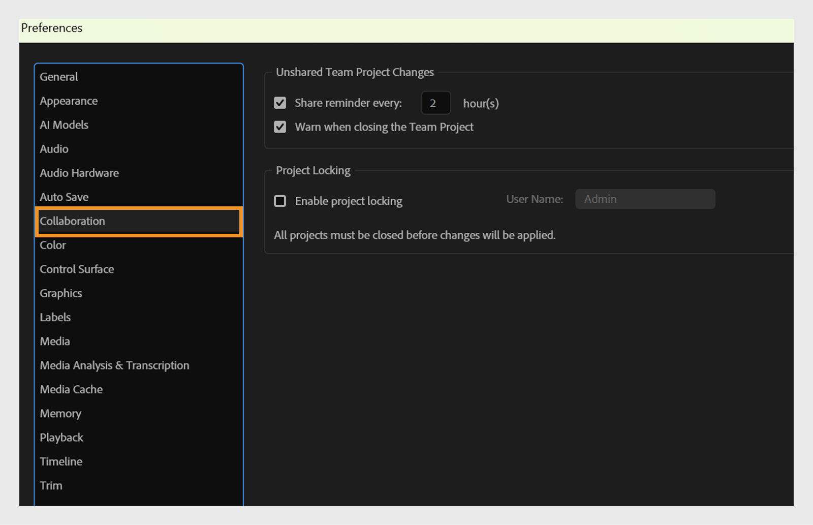 The Collaboration panel in the Preferences dialog box displays various collaboration options such as Share reminder every, Warm when closing the Team Project, and Enable project locking.