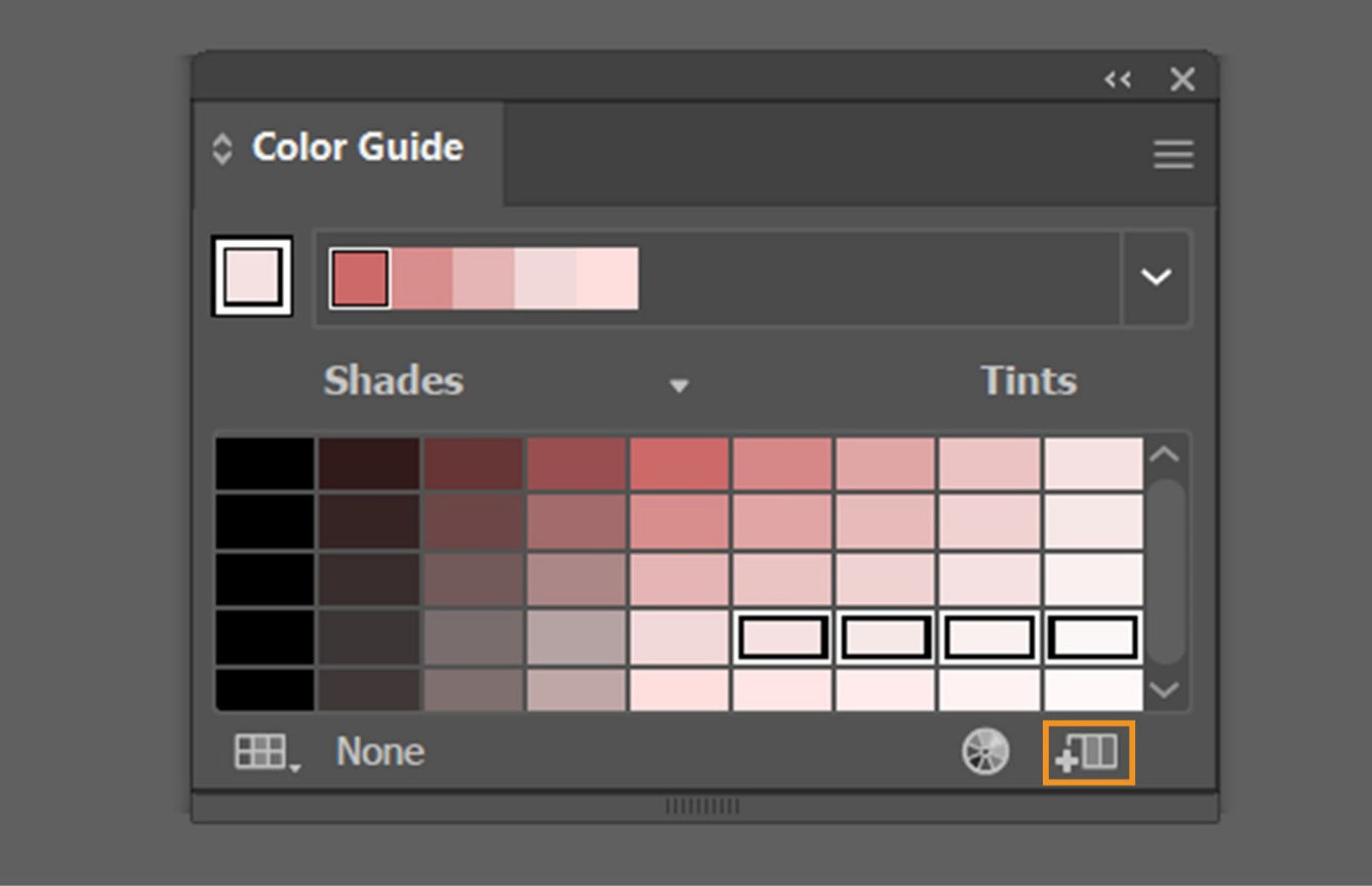 The Color Guide panel displays the various shades of colors along with the highlighted Save swatch group to the Swatches panel icon.