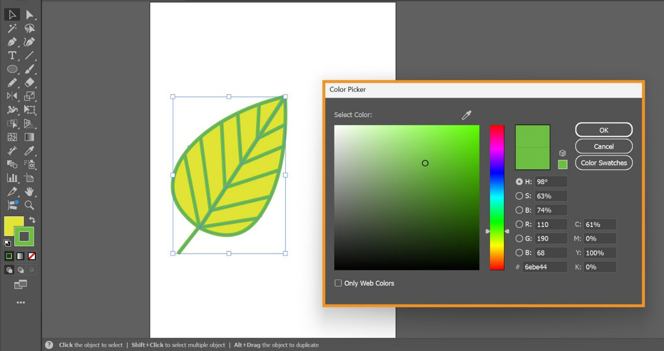 The Color Picker dialog box is displayed on the screen showcasing options to select a Stroke color for the selected object.