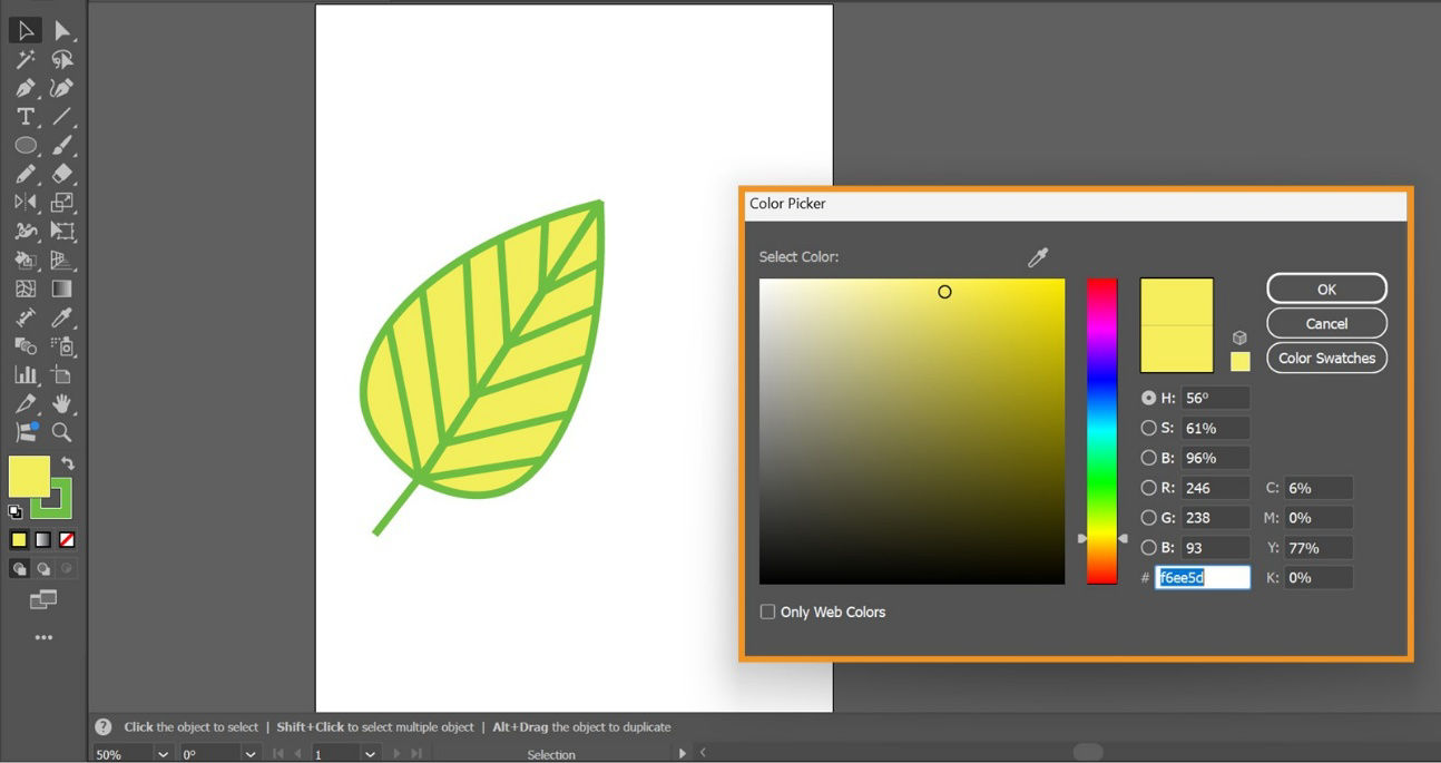 The Color Picker dialog box is displayed on the screen showcasing options to select a Fill color for the selected object.
