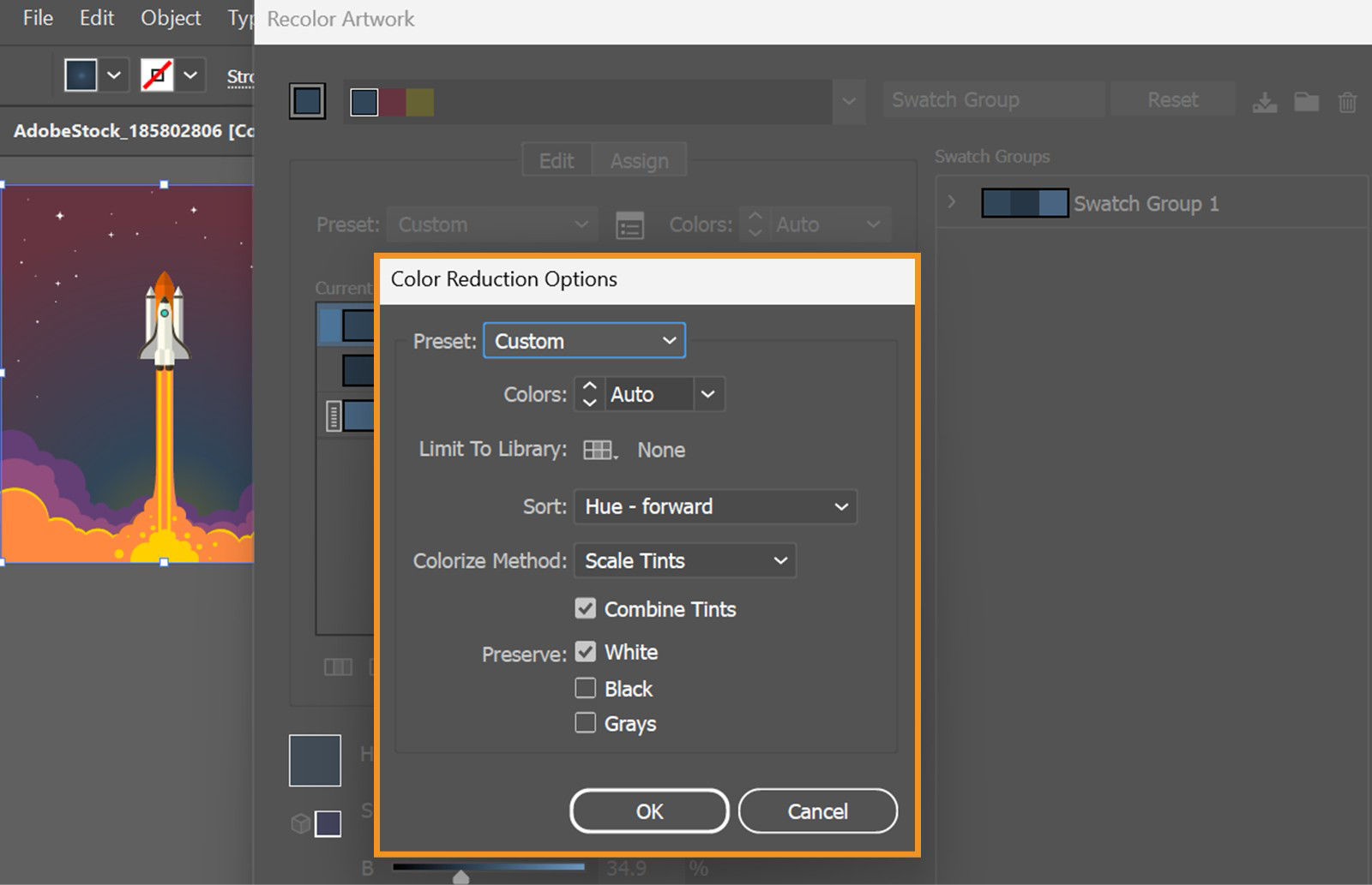 The Color Reduction Options dialog box displays the following settings: Preset, Limit To Library, Sort, Colorize Method, Combine Tints, and Preserve.