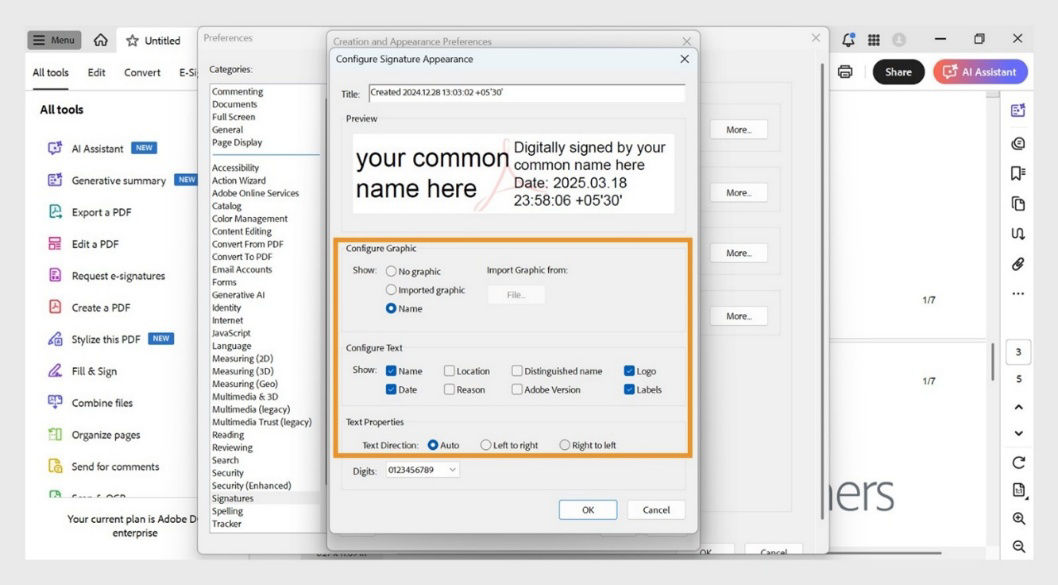 Configure Signature Appearance dialog box displays various options under the Configure Graphic, Configure Text, and Text Properties sections.