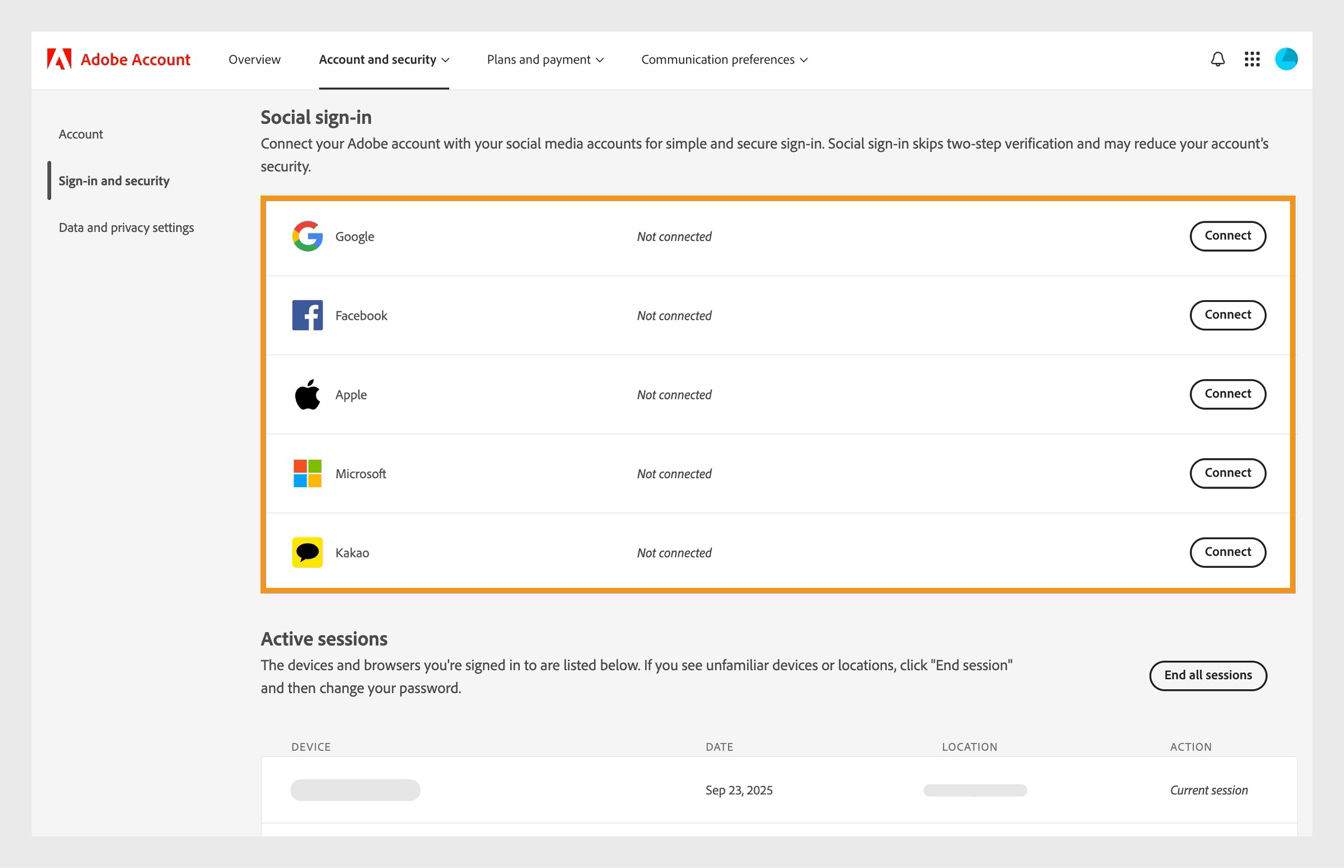 The Connect buttons, available at the right side of the screen under Social sign-in, allow you to connect your social media accounts with your Adobe account. 