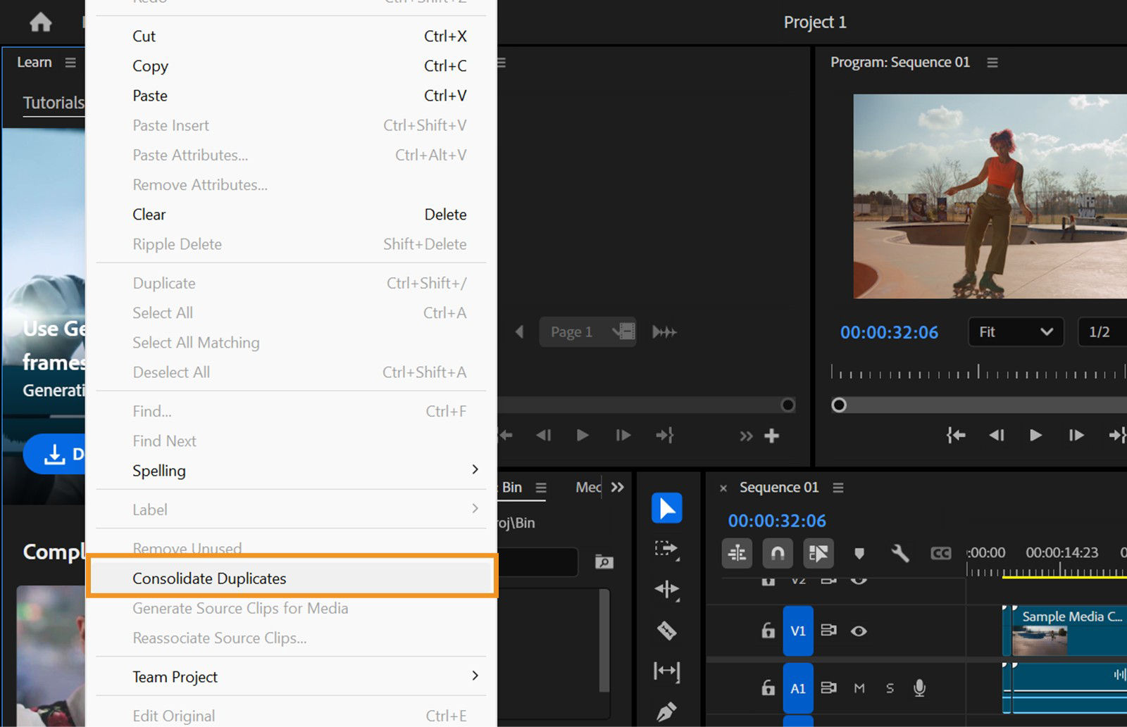 The Edit menu is open and from the menu, the Consolidate Duplicates option is highlighted. This consolidates duplicate media and folders that have the same name.