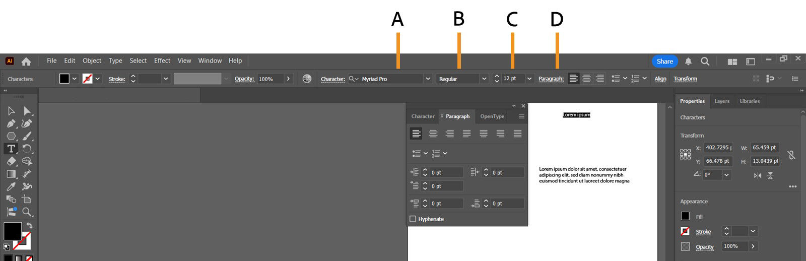 The Control panel is displayed on the screen highlighting the callouts for Font Style, Font size, Paragraph Panel, and more.
