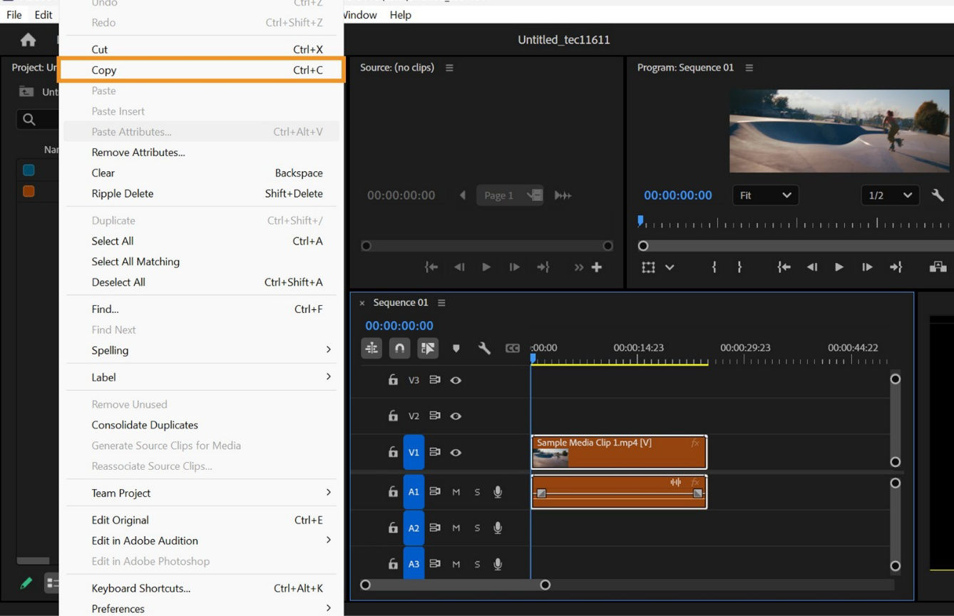 A transition is selected in the sequence, and the Copy option is highlighted under the Edit menu in the menu bar