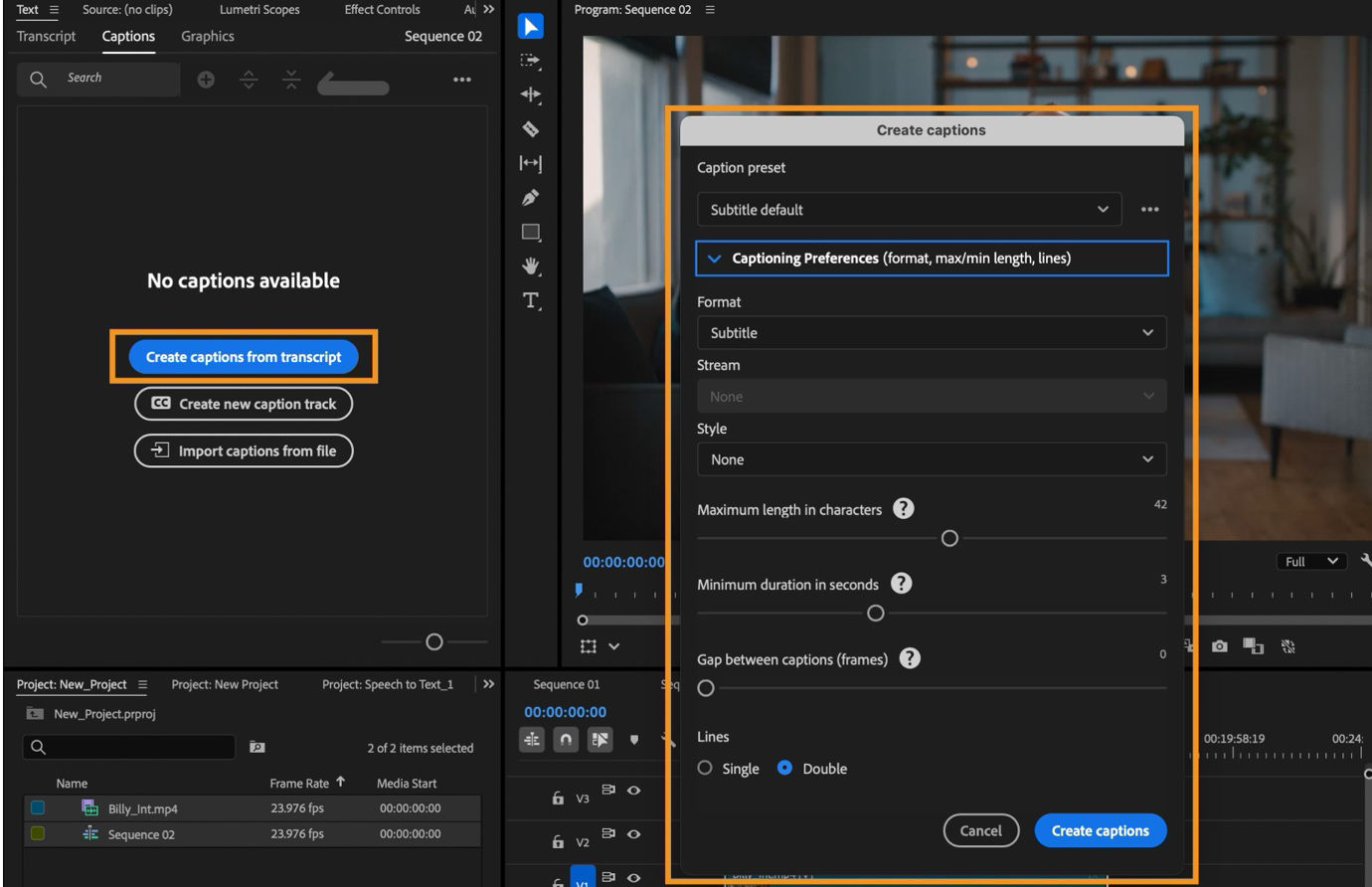 The Create Captions dialog box showing options for preset, format, style, and timing adjustments.