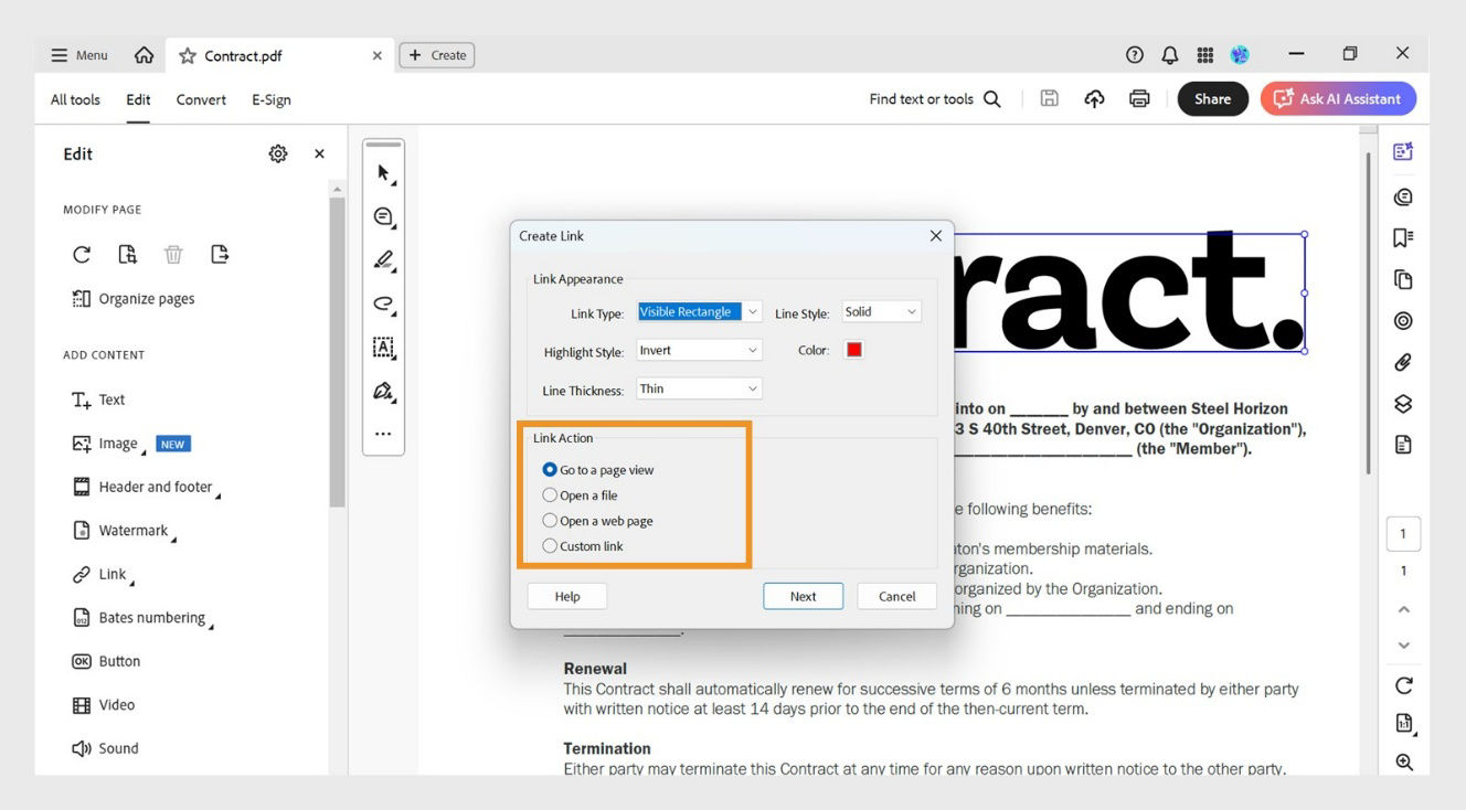 The Create Link dialog box displays Link Appearance and Link Action options. Link Action options are highlighted to add desired links to PDFs.