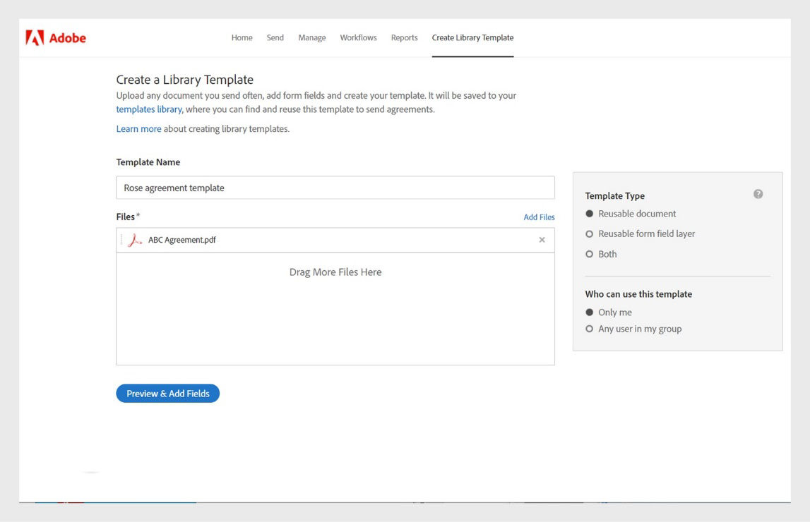 The Create a Library Template page shows options to give the template a name, add files to be used as templates, and select the template type.
