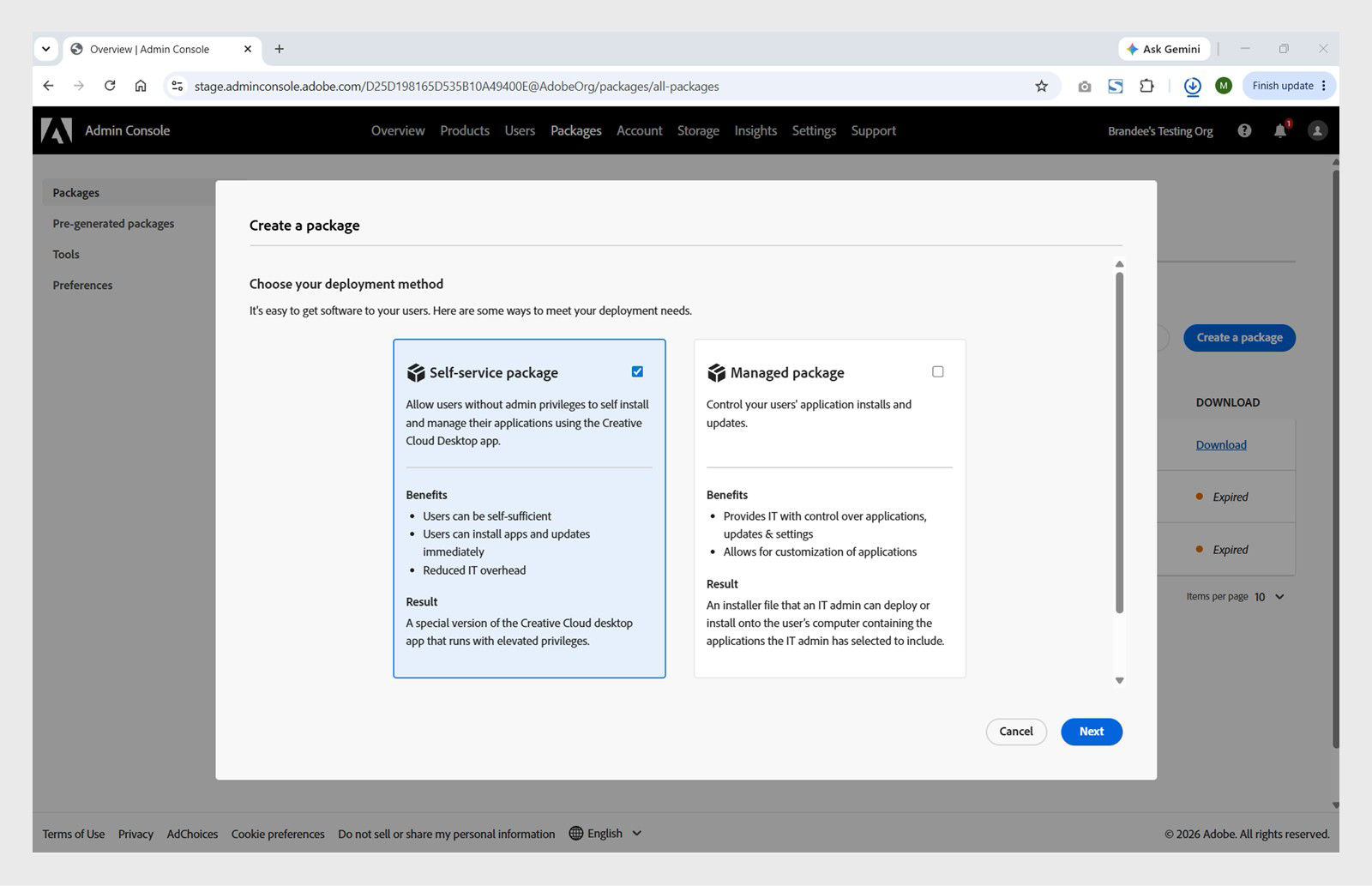 The Create a package dialog box in the Admin Console with the Self-Service package option selected.