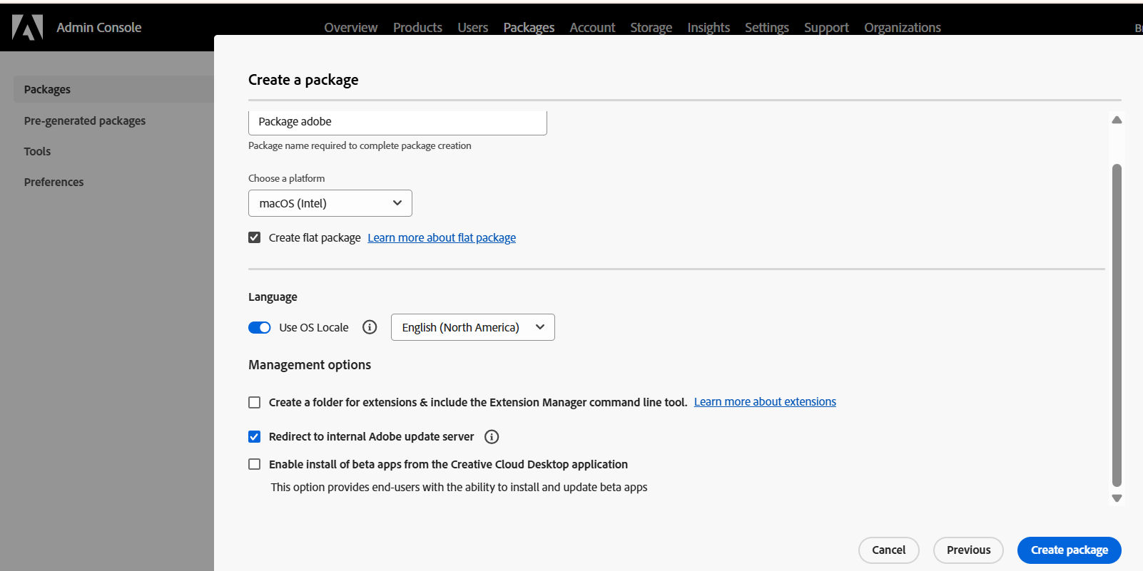The Create a package screen displays the configuration options for your packages.
