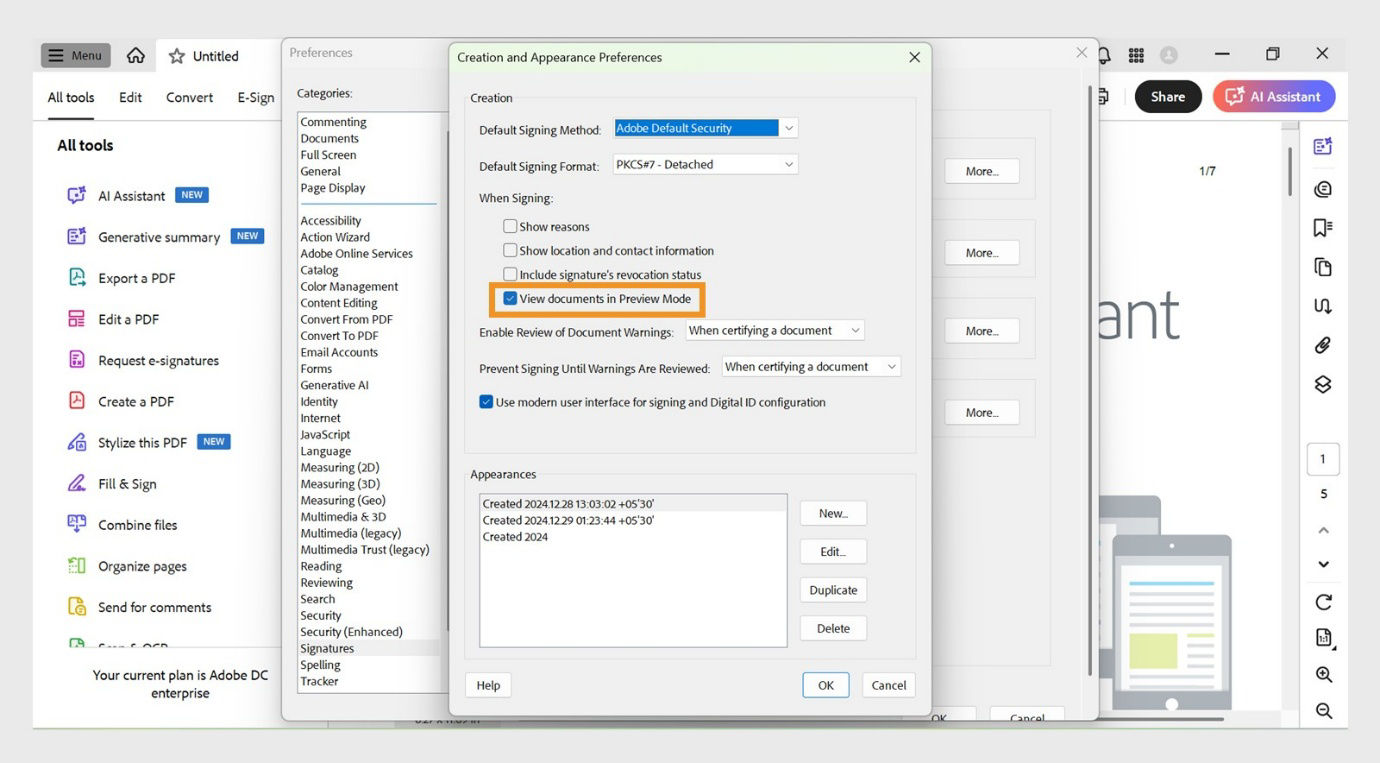 The Creation and Appearance Preferences dialog box displays various settings. The View documents in Preview Mode option is enabled to allow users to view documents in preview format.