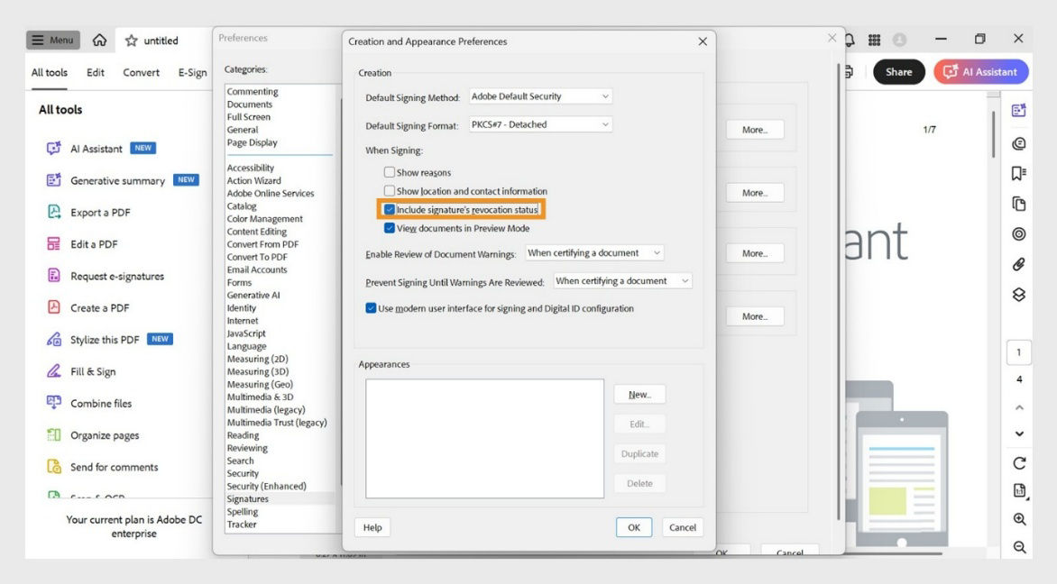 The Creation and Appearance dialog box shows multiple options under which you the While Signing section offers options to Show reasons, Include signature's revocation status, and more.