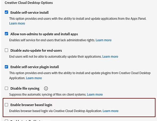 The Creative Cloud Desktop Options panel with Enable browser based login highlighted.