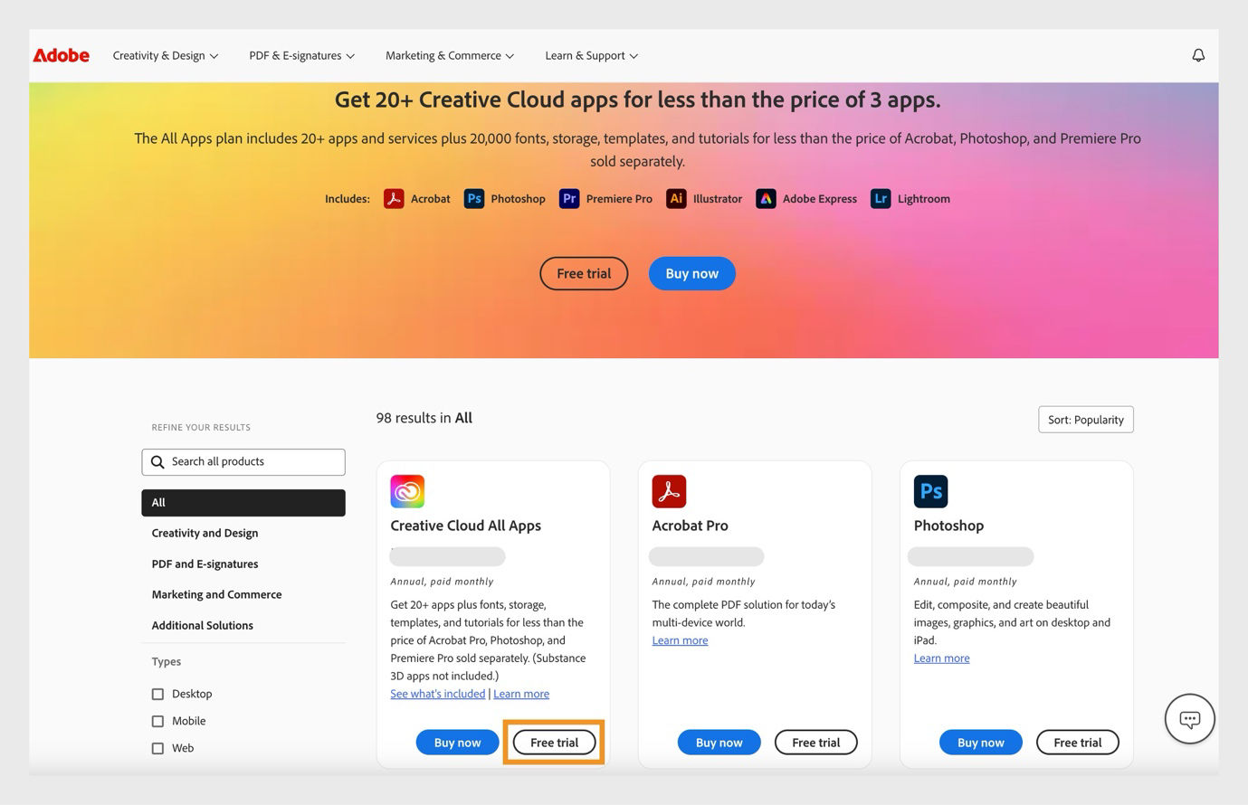 The Creative Cloud apps catalog page shows the available apps or products with options to search for products, apply filters, and buy products or get a free trial. 