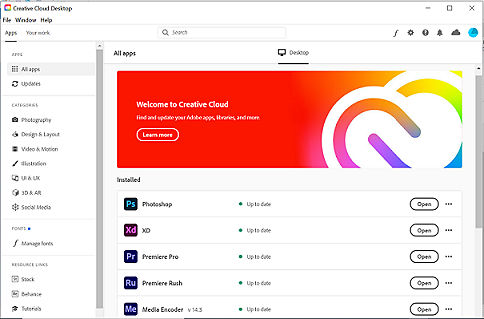 The Creative Cloud desktop app displays installed apps including Photoshop, XD, and Premiere Pro, each showing an up-to-date status.