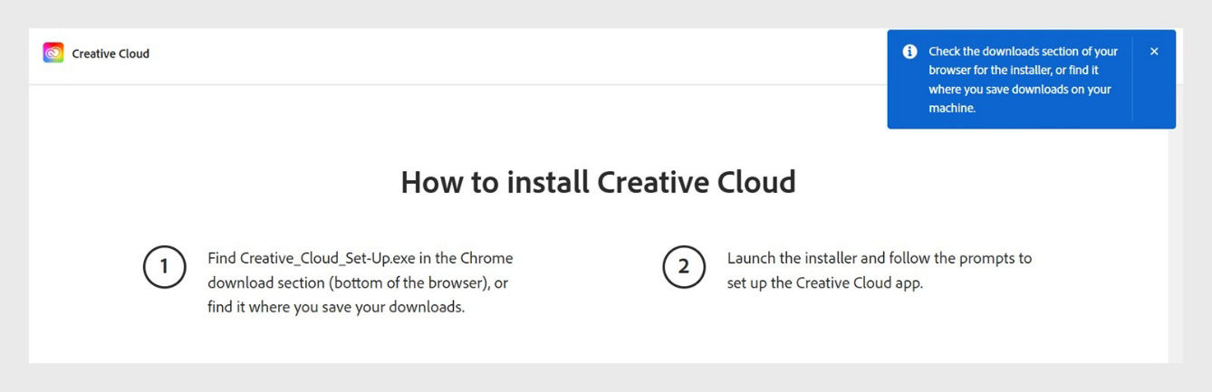 The Creative Cloud desktop app installer shows a prompt asking users to check the download section of their browser for the installer file.