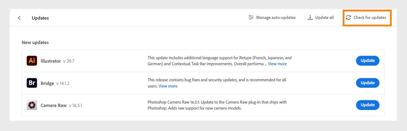 The Creative Cloud desktop app updates window displays the 'Check for updates' button